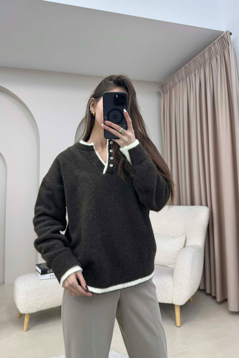 BUTTONED NECK SIMPLE WOMEN SWEATER OLIVE/ULLI - 1