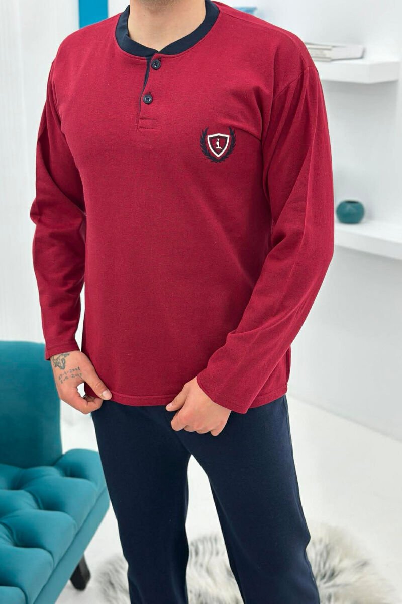 BUTTONED NECK SWEATSHIRT+SWEATPANTS MEN PYJAMAS BURGUNDY/VISHNJE - 2