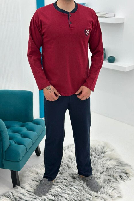 BUTTONED NECK SWEATSHIRT+SWEATPANTS MEN PYJAMAS BURGUNDY/VISHNJE - 3