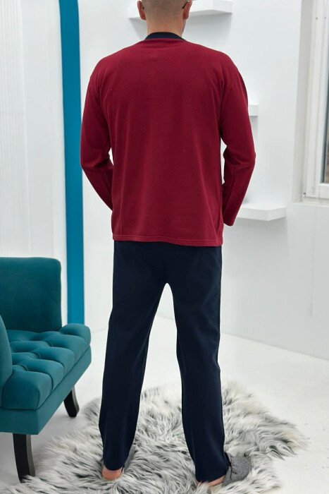 BUTTONED NECK SWEATSHIRT+SWEATPANTS MEN PYJAMAS BURGUNDY/VISHNJE - 4
