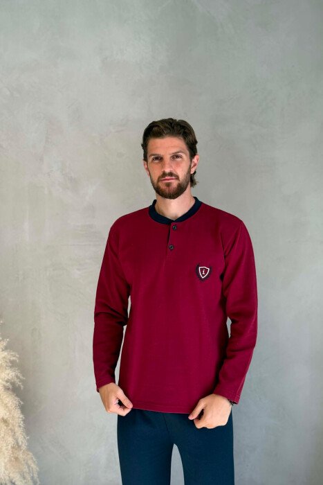 BUTTONED NECK SWEATSHIRT+SWEATPANTS MEN PYJAMAS DARK BURGUNDY/VISHNJE E ERRET - 3