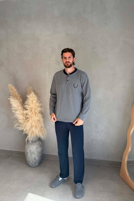 BUTTONED NECK SWEATSHIRT+SWEATPANTS MEN PYJAMAS GREY/GRI - KLAUDIO FASHION