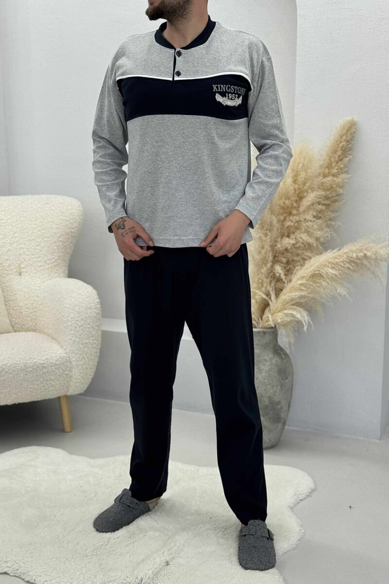 BUTTONED NECK SWEATSHIRT+SWEATPANTS MEN PYJAMAS LIGHT GREY/GZ - 1