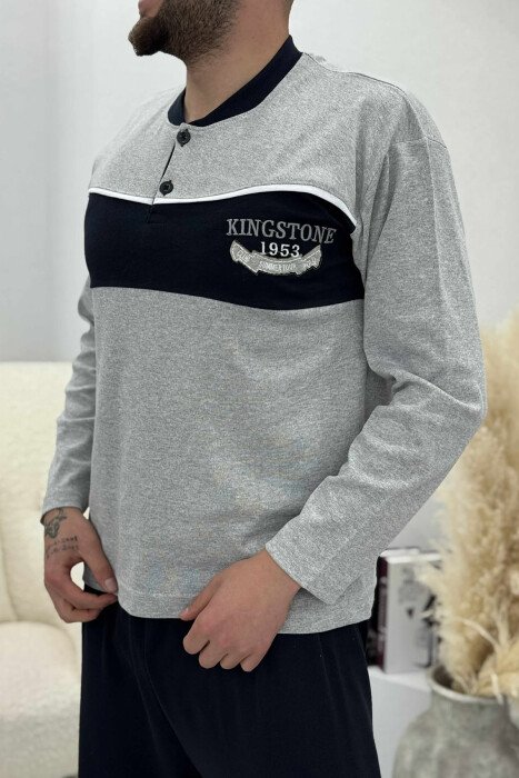 BUTTONED NECK SWEATSHIRT+SWEATPANTS MEN PYJAMAS LIGHT GREY/GZ - 2