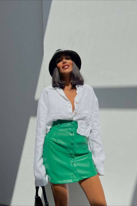 BUTTONED ONE COLOR LEATHER WOMAN SKIRT GREEN/JESHILE - KLAUDIO FASHION