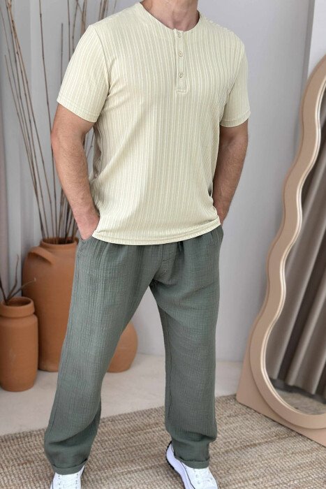 BUTTONED ONE COLOR MEN T-SHIRT BEIGE/BEZHE - 2