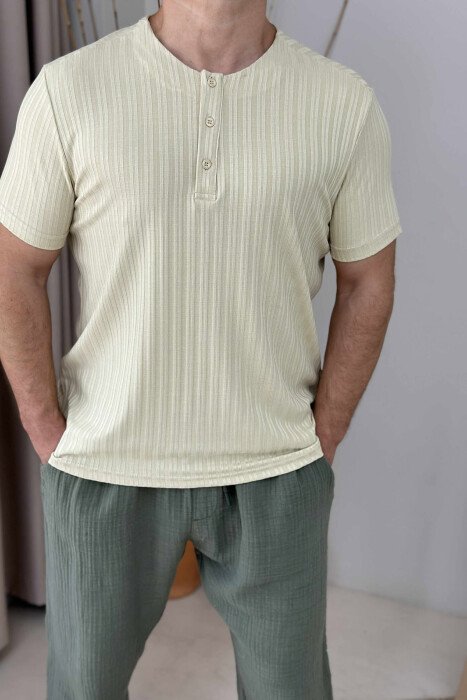 BUTTONED ONE COLOR MEN T-SHIRT BEIGE/BEZHE - 1