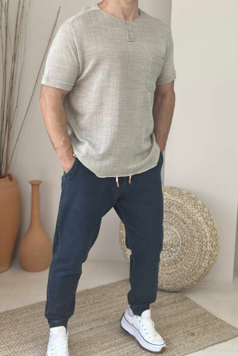 BUTTONED ONE COLOR MEN T-SHIRT BEIGE/BEZHE - 1