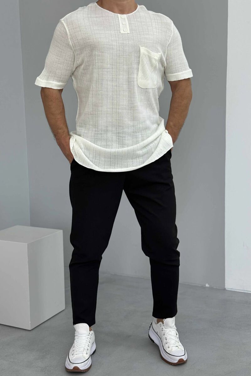 BUTTONED ONE COLOR MEN T-SHIRT CREAM/KREM - 1