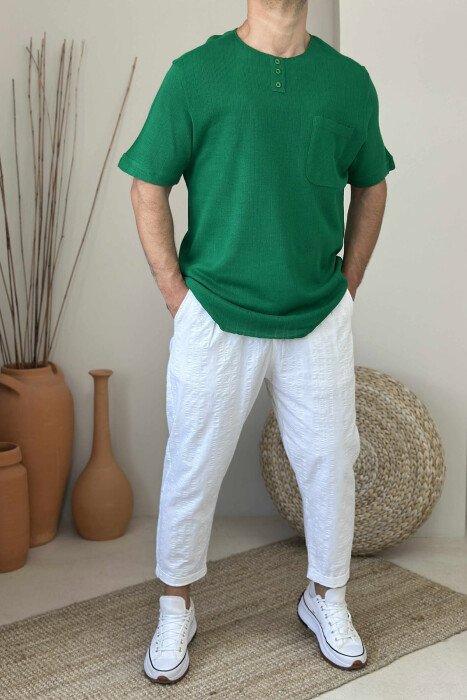 BUTTONED ONE COLOR MEN T-SHIRT GREEN/JESHILE - 1