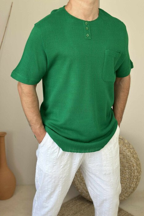 BUTTONED ONE COLOR MEN T-SHIRT GREEN/JESHILE - 2