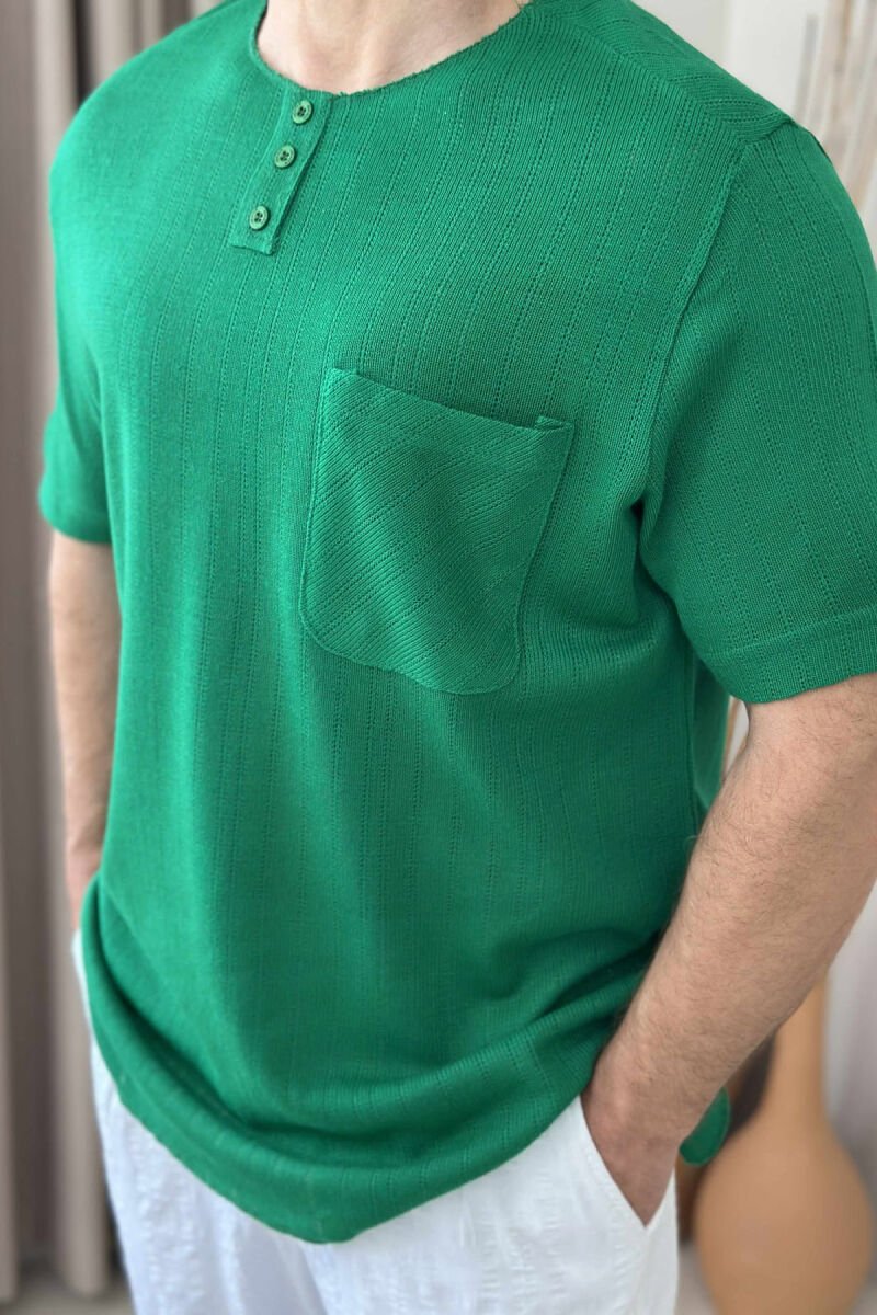 BUTTONED ONE COLOR MEN T-SHIRT GREEN/JESHILE - 3