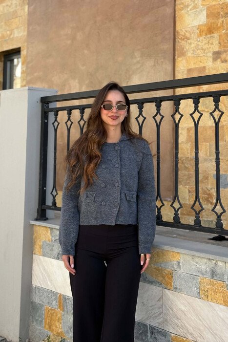 BUTTONED ONE COLOR WOMAN CARDIGAN GREY/GRI - KLAUDIO FASHION