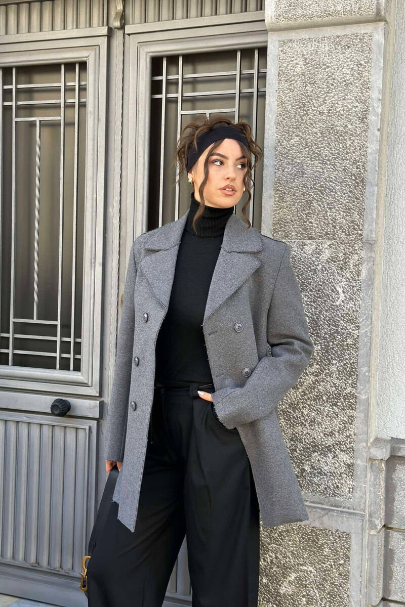 BUTTONED ONE COLOR WOMEN COAT GREY/GRI - 3