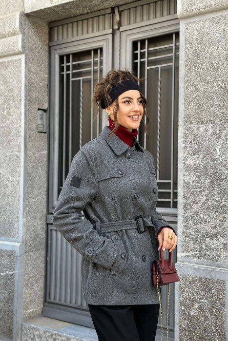 BUTTONED ONE COLOR WOMEN COAT GREY/GRI - 1
