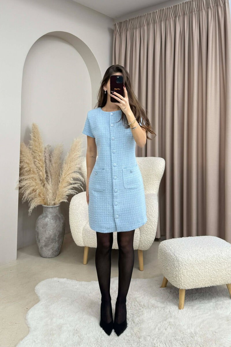BUTTONED ONE COLOR WOMEN DRESS LIGHTBLUE/BZ - 1