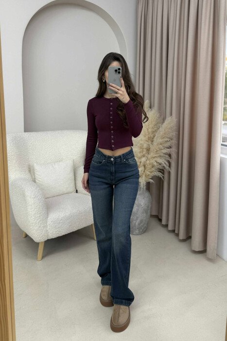 BUTTONED ONE COLOR WOMEN SWEATSHIRT BURGUNDY/VISHNJE - 1