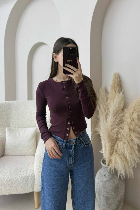 BUTTONED ONE COLOR WOMEN SWEATSHIRT DARK BURGUNDY/VISHNJE E ERRET - 3