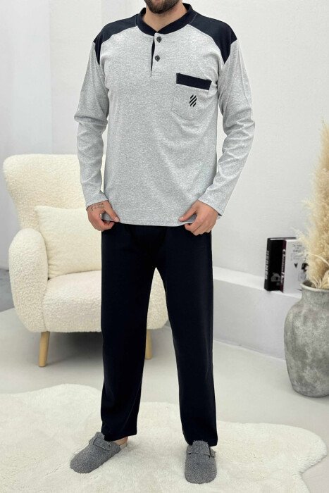 BUTTONED POCKET DETAIL SWEATSHIRT+ SWEATPANTS MEN PYJAMAS LIGHT GREY/GZ - KLAUDIO FASHION