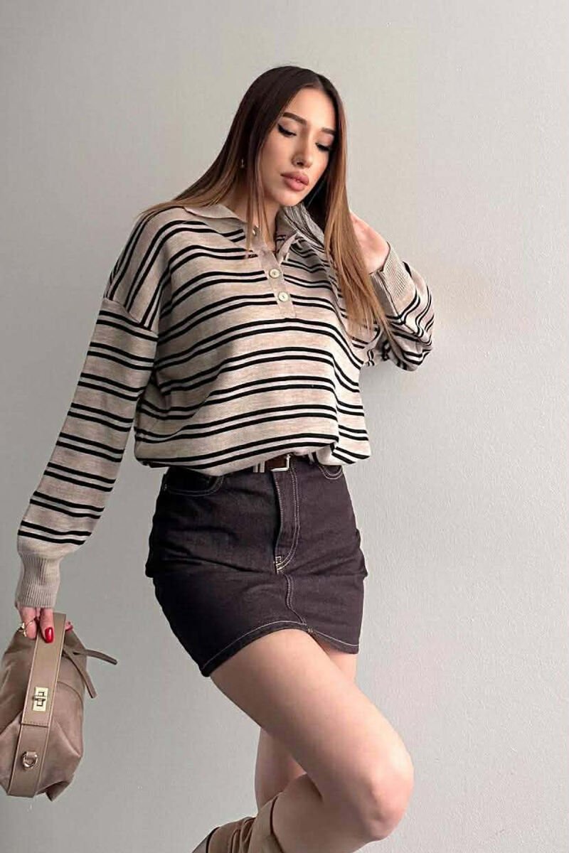 BUTTONED POLO NECK SIMPLE WOMAN SWEATER CREAM/KREM - 2