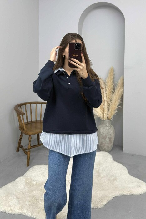 BLUZE E THJESHTE ME JAKE POLO ME BUTONA PER FEMRA NE NGJYRE BLU TE ERRET - KLAUDIO FASHION
