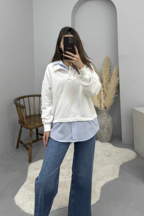 BUTTONED POLO NECK SIMPLE WOMEN SWEATSHIRT WHITE-E BARDHE - KLAUDIO FASHION