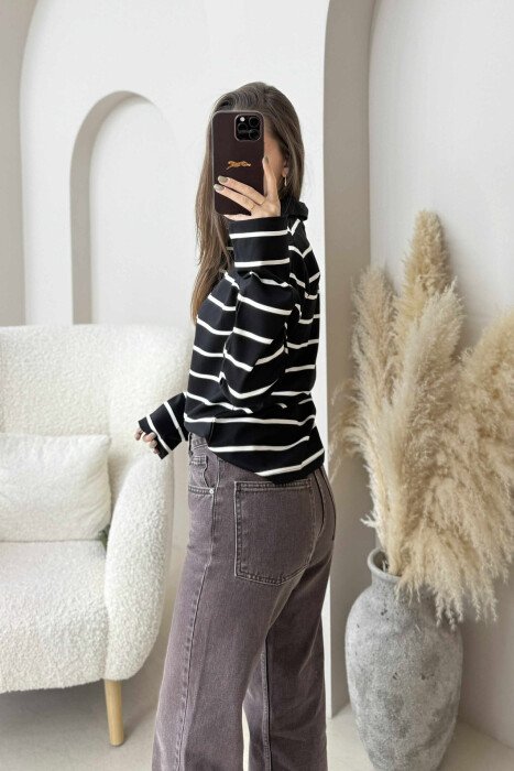 BUTTONED POLO NECK STRIPED WOMEN SWEATSHIRT BLACK/ E ZEZE - 4