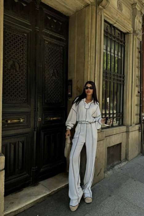 BUTTONED POLO NECK SWEATER + TROUSERS WOMAN SET WHITE-E BARDHE - KLAUDIO FASHION