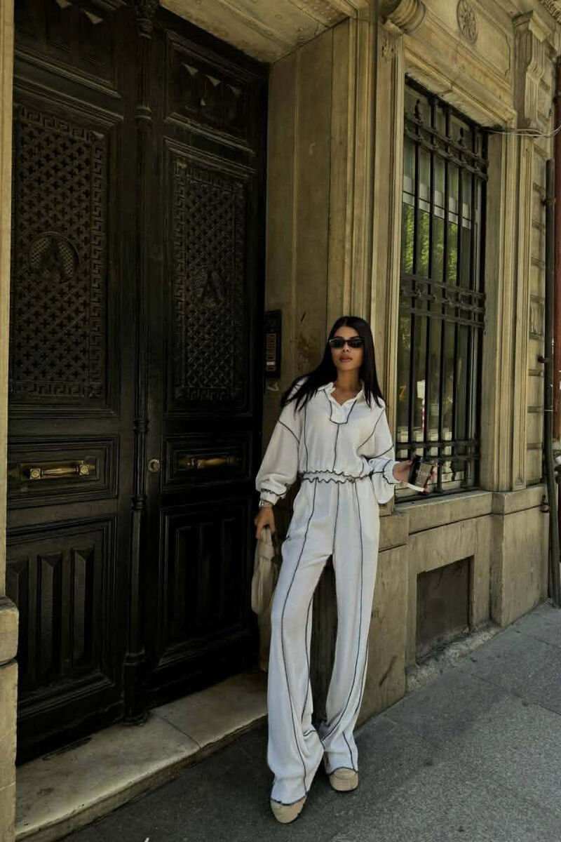 BUTTONED POLO NECK SWEATER + TROUSERS WOMAN SET WHITE-E BARDHE - 1