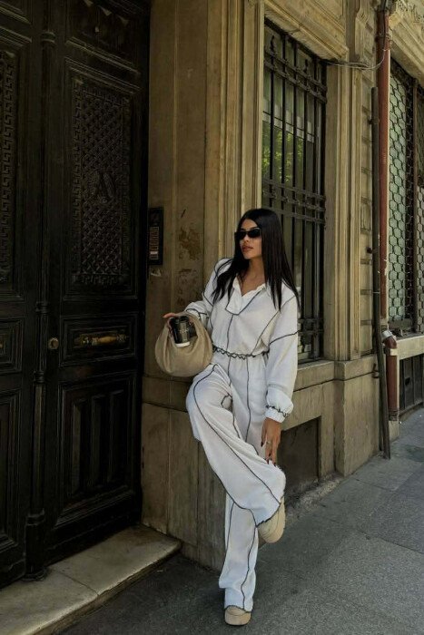BUTTONED POLO NECK SWEATER + TROUSERS WOMAN SET WHITE-E BARDHE - 3