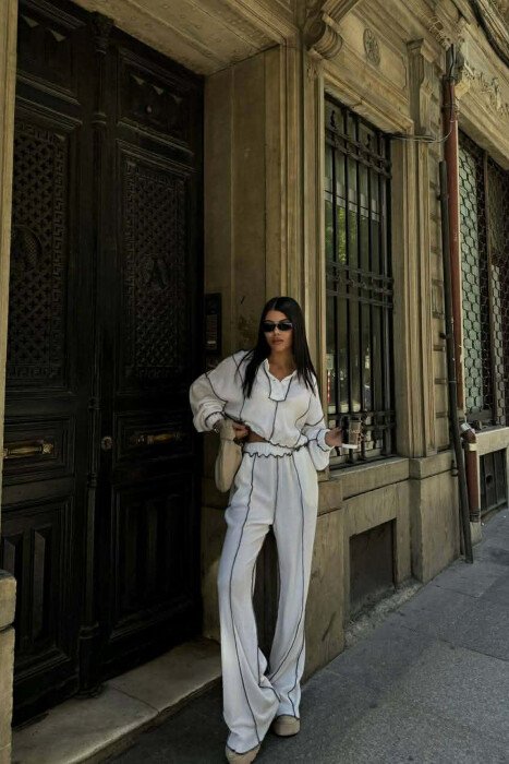 BUTTONED POLO NECK SWEATER + TROUSERS WOMAN SET WHITE-E BARDHE - 4