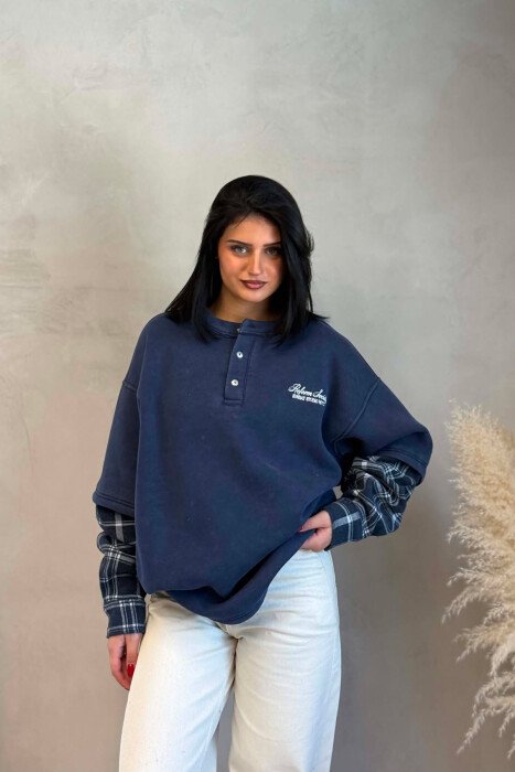 BUTTONED ROUND NECK FLUFFY WOMAN SWEATSHIRT BLUE/BLU - KLAUDIO FASHION