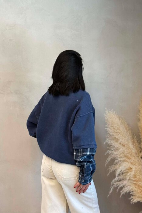 BUTTONED ROUND NECK FLUFFY WOMAN SWEATSHIRT BLUE/BLU - 4