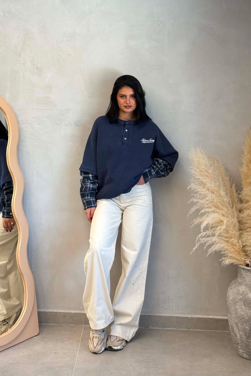 BUTTONED ROUND NECK FLUFFY WOMAN SWEATSHIRT BLUE/BLU - 5
