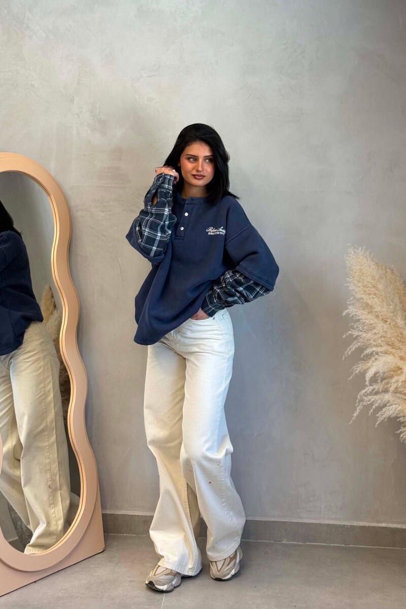 BUTTONED ROUND NECK FLUFFY WOMAN SWEATSHIRT BLUE/BLU - 6