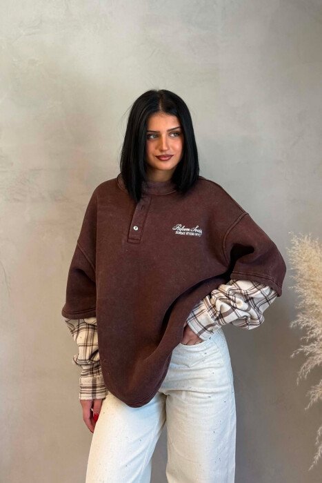 BUTTONED ROUND NECK FLUFFY WOMAN SWEATSHIRT BROWN/KAFE - 2