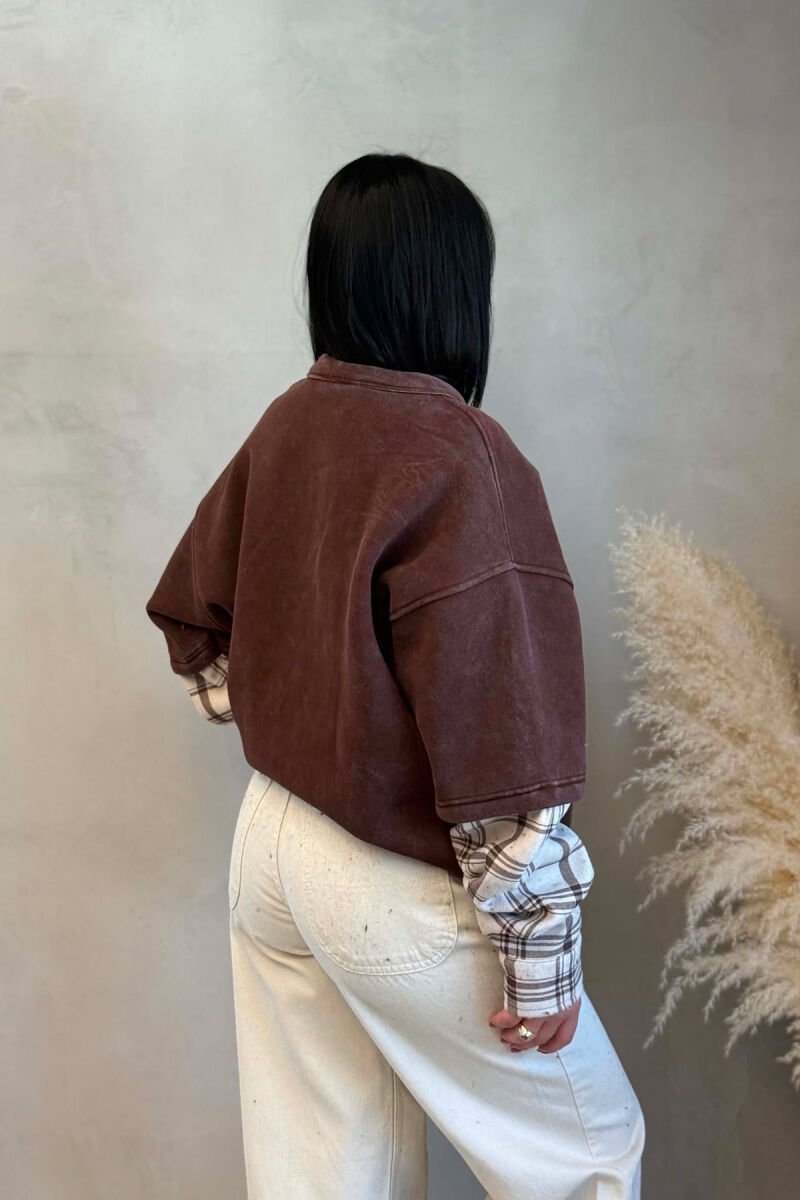 BUTTONED ROUND NECK FLUFFY WOMAN SWEATSHIRT BROWN/KAFE - 4