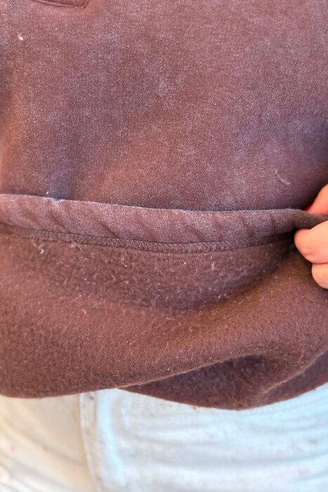BUTTONED ROUND NECK FLUFFY WOMAN SWEATSHIRT BROWN/KAFE - 5