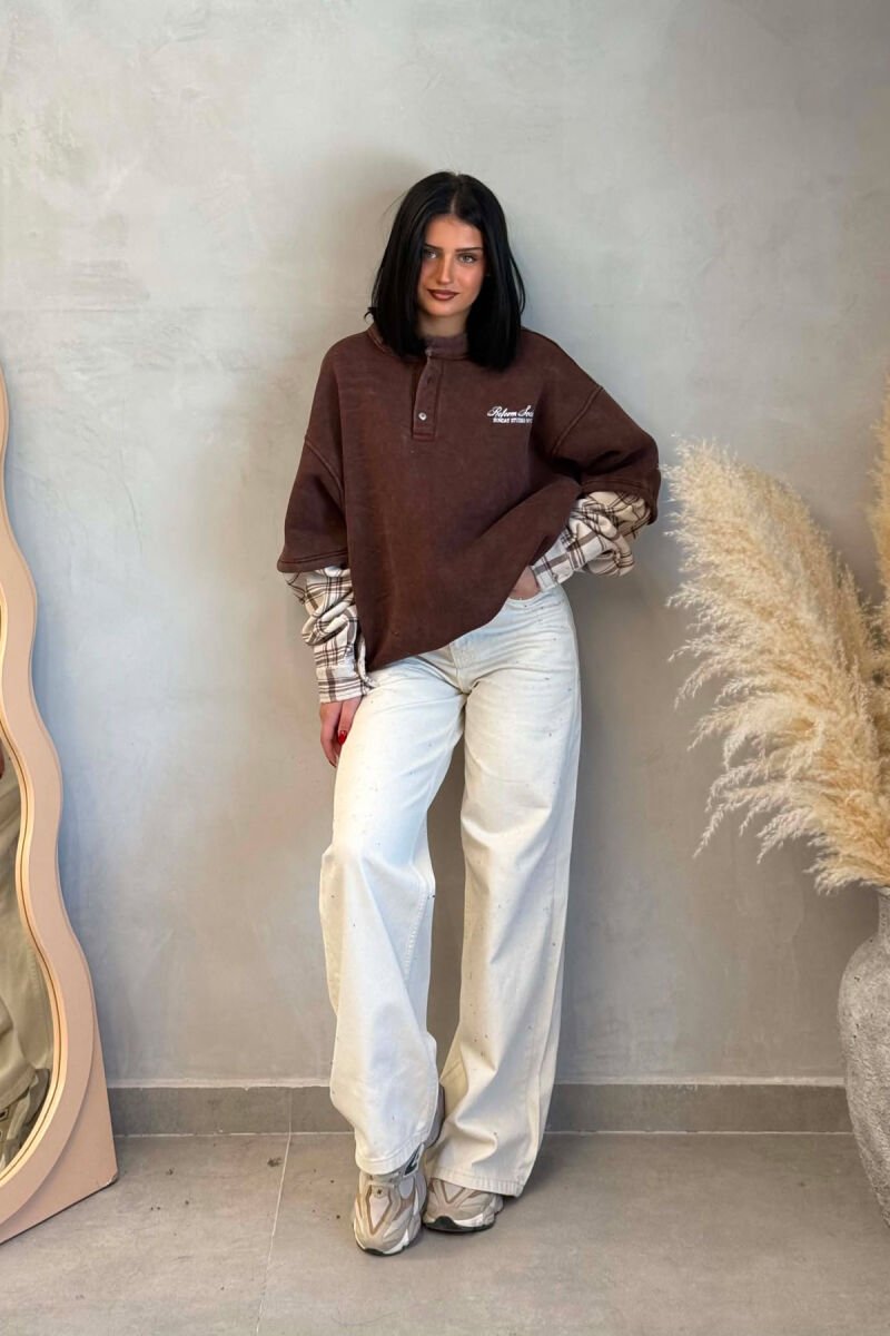 BUTTONED ROUND NECK FLUFFY WOMAN SWEATSHIRT BROWN/KAFE - 6