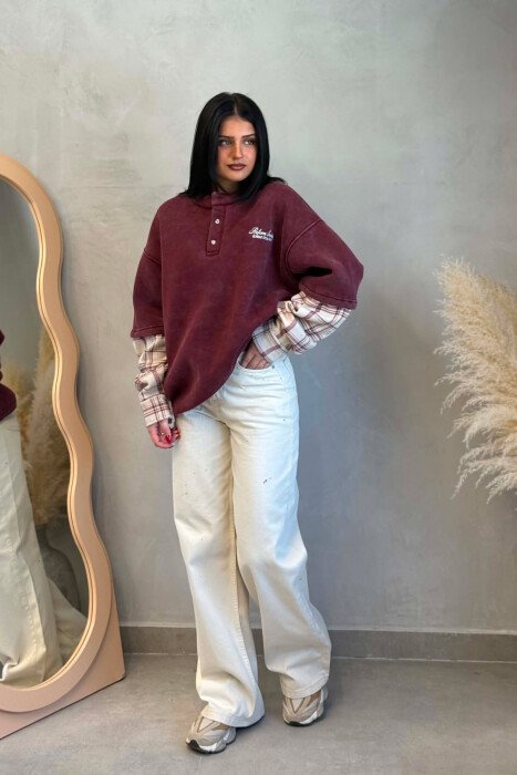 BUTTONED ROUND NECK FLUFFY WOMAN SWEATSHIRT BURGUNDY/VISHNJE - 2