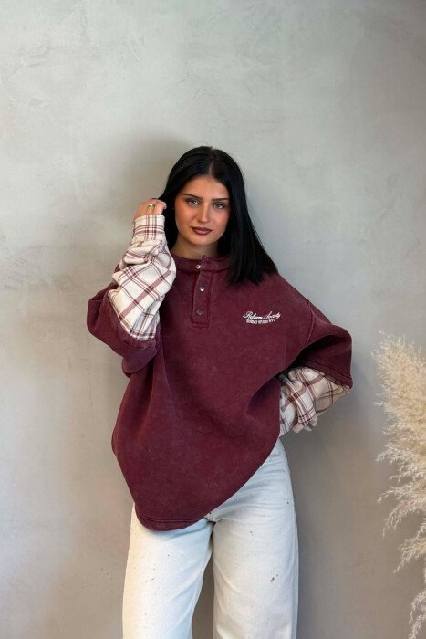 BUTTONED ROUND NECK FLUFFY WOMAN SWEATSHIRT BURGUNDY/VISHNJE - 3