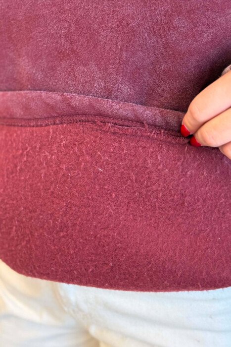 BUTTONED ROUND NECK FLUFFY WOMAN SWEATSHIRT BURGUNDY/VISHNJE - 4
