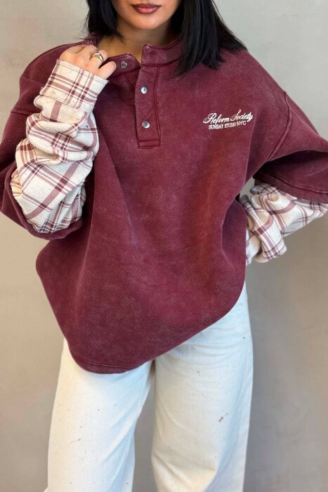 BUTTONED ROUND NECK FLUFFY WOMAN SWEATSHIRT BURGUNDY/VISHNJE - 6