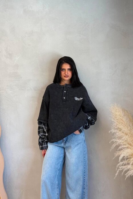 BUTTONED ROUND NECK FLUFFY WOMAN SWEATSHIRT DARK GREY/GEE - KLAUDIO FASHION