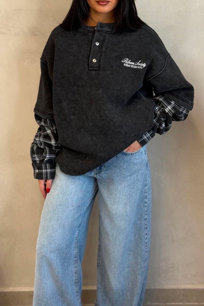 BUTTONED ROUND NECK FLUFFY WOMAN SWEATSHIRT DARK GREY/GEE - 3