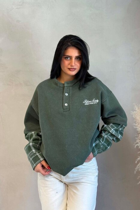 BUTTONED ROUND NECK FLUFFY WOMAN SWEATSHIRT GREEN/JESHILE - KLAUDIO FASHION