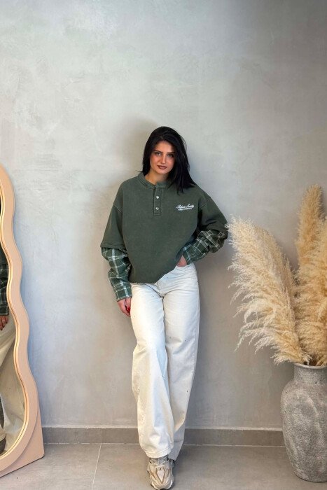BUTTONED ROUND NECK FLUFFY WOMAN SWEATSHIRT GREEN/JESHILE - 3