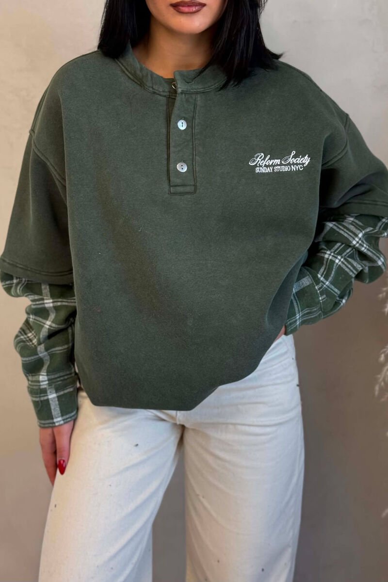 BUTTONED ROUND NECK FLUFFY WOMAN SWEATSHIRT GREEN/JESHILE - 4