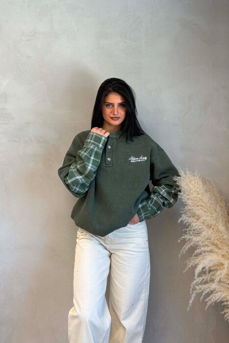 BUTTONED ROUND NECK FLUFFY WOMAN SWEATSHIRT GREEN/JESHILE - 6