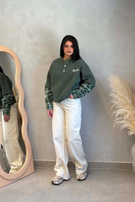BUTTONED ROUND NECK FLUFFY WOMAN SWEATSHIRT GREEN/JESHILE - 7